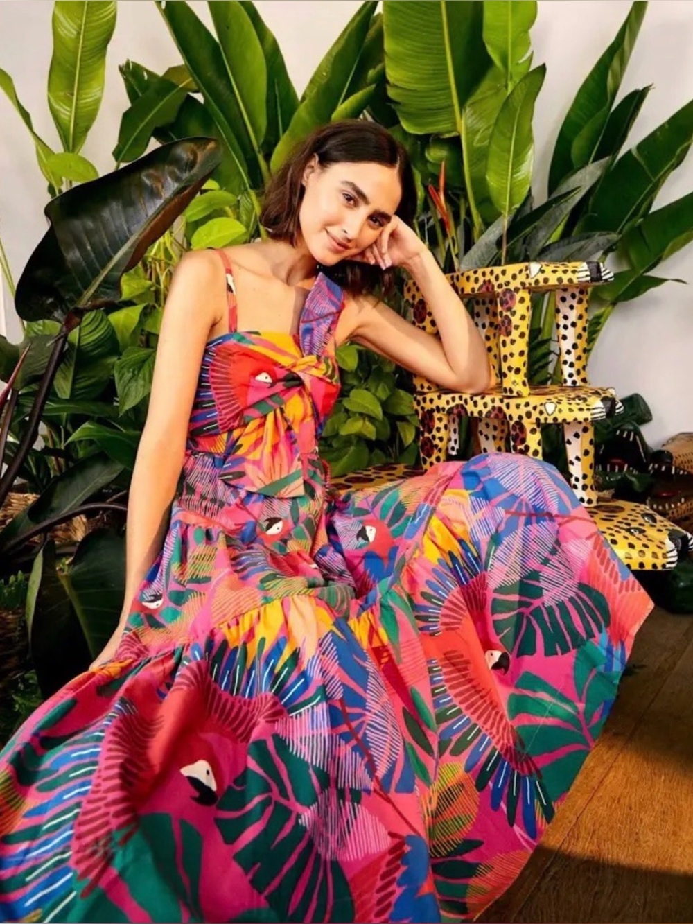 FARM Rio Tropical Parrot Maxi Dress in Pink, Green & Blue